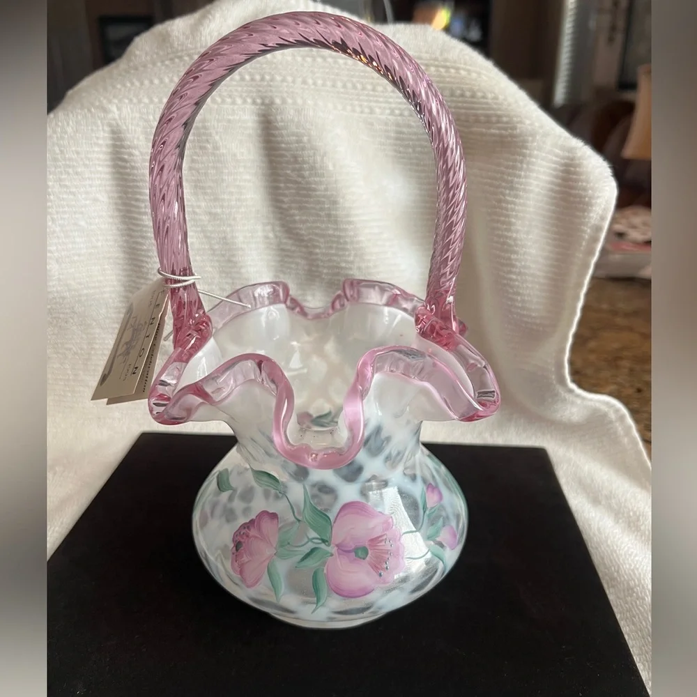 Fenton Art Glass 1995 Lynn Fenton Signature Series Hand Painted Trellis Basket - Picture 1 of 13
